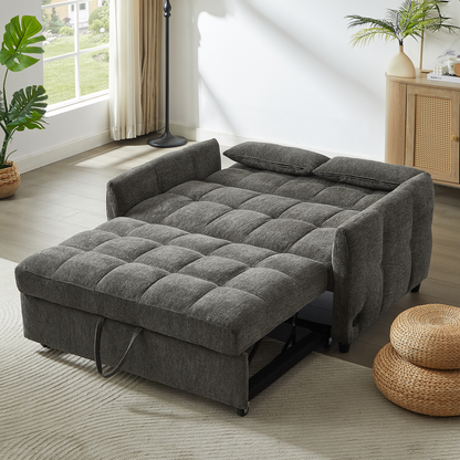 52.8" Loveseat Sofa Pull-out Sofa Bed Tufted Sleeper Sofa with an Adjustable Backrest, Three USB Ports and Two Lumbar Pillows for Living Room, Grey