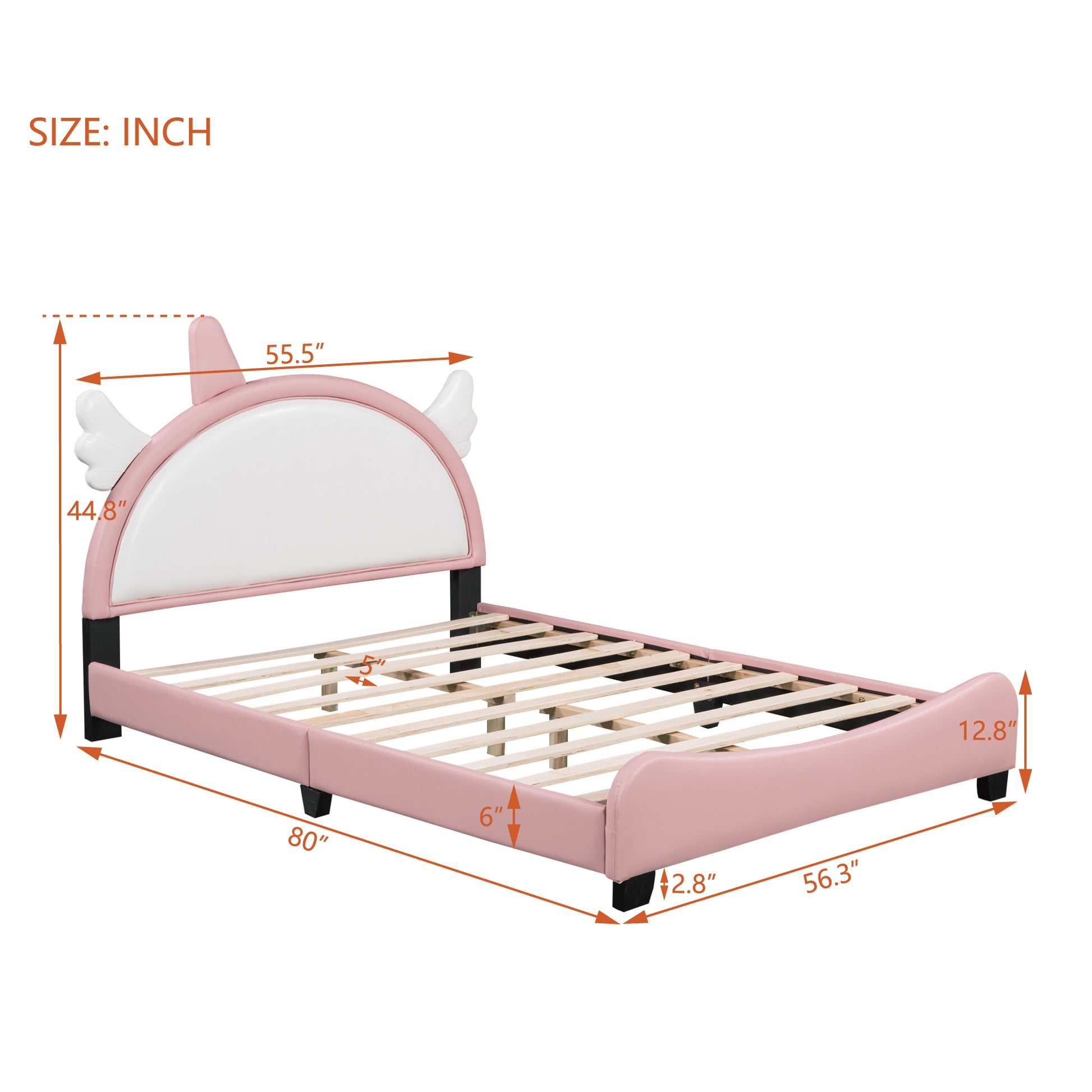 Cute Full size Upholstered Bed With Unicorn Shape Headboard,Full Size Platform Bed with Headboard and Footboard,White+Pink