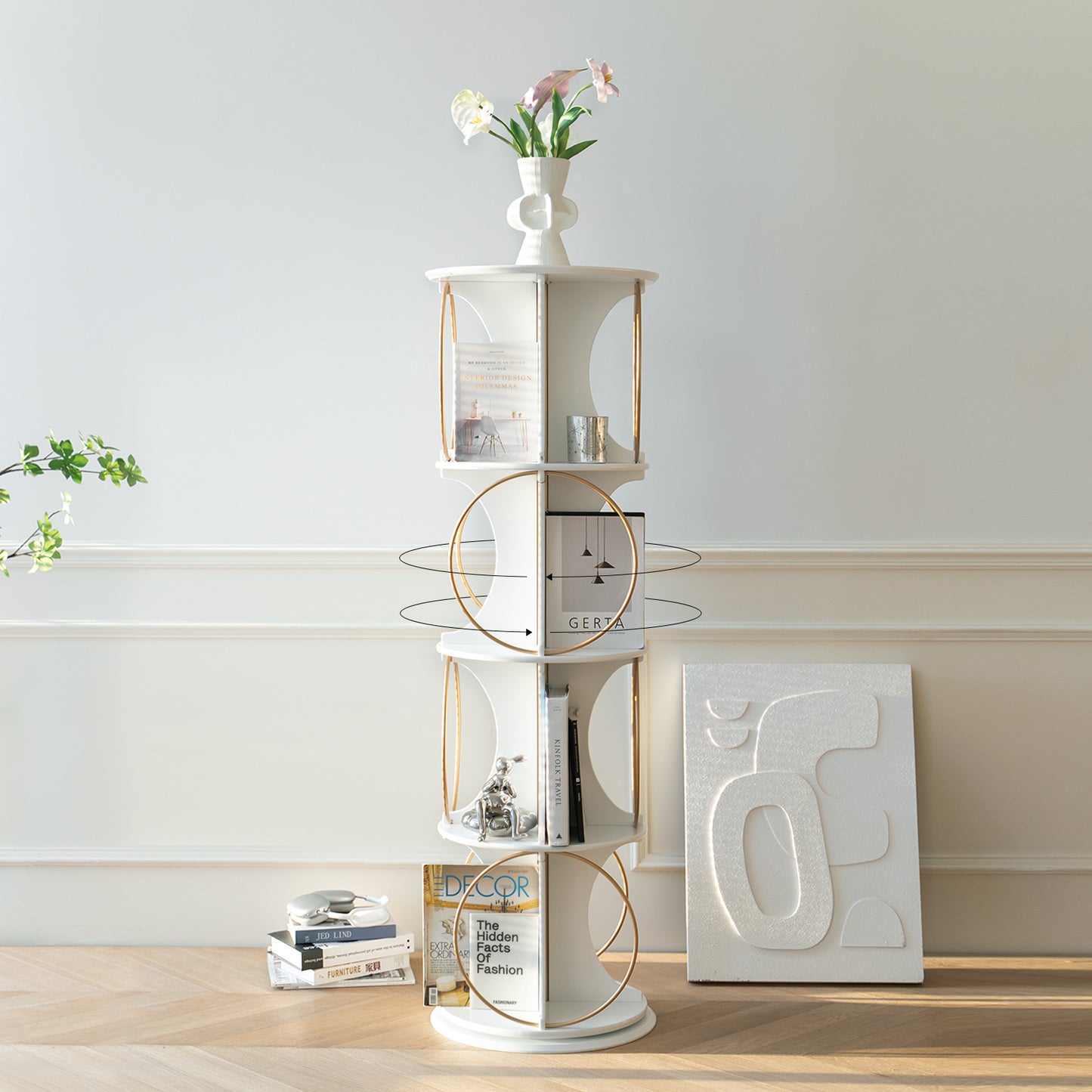 Display Shelf,4 Tier Floor Standing Organizer,Modern Style,360°Rotation,Stable and Solid,Holds Books and Displays,Suitable for Living Room and Bedroom