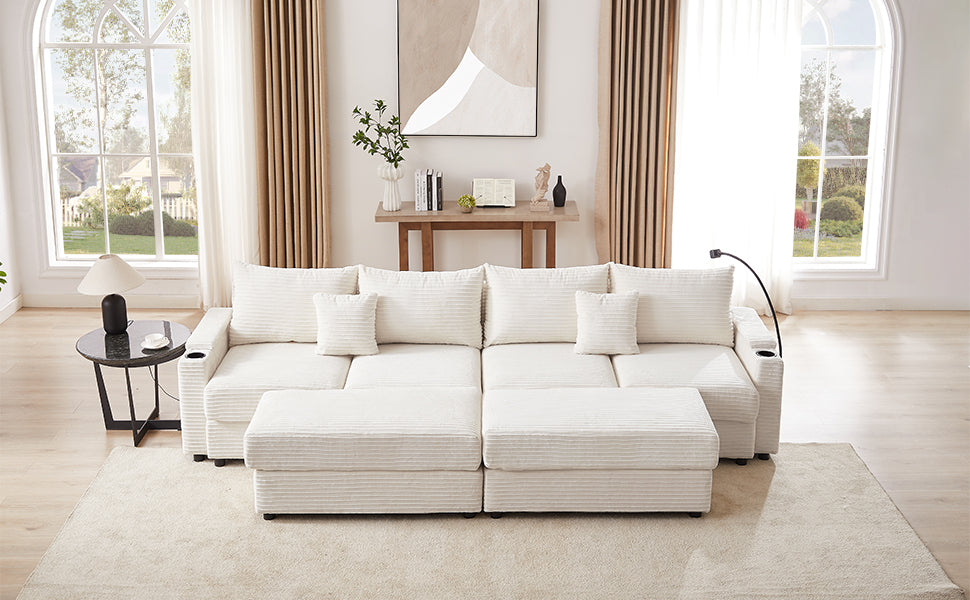 123.2" Modern Style 4-seater Sofa Sectional Sofa Couch with Storage Space, Two Movable Ottomans, Two USB Ports, Two Cup Holders, A Phone Holder for Living Room, Beige