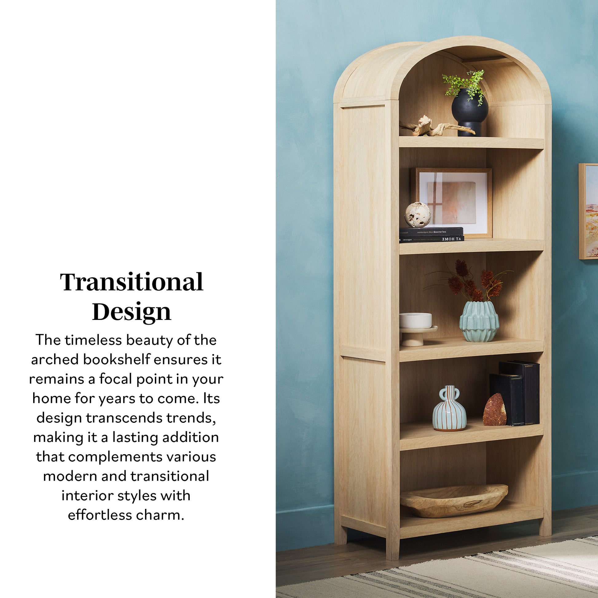 Modern 5 Shelf Open Arched Bookshelf - Oak