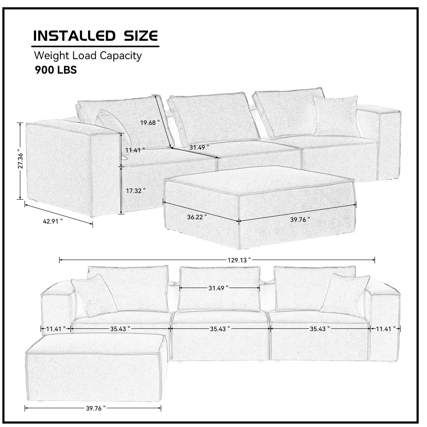 Modular Sectional Living Room Sofa Set, Modern Minimalist Style Couch with Ottoman and Reversible Chaise, L-Shape, White