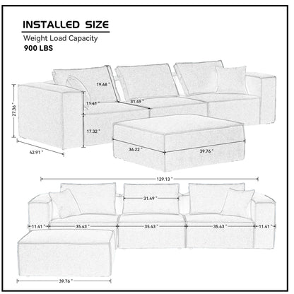 Modular Sectional Living Room Sofa Set, Modern Minimalist Style Couch with Ottoman and Reversible Chaise, L-Shape, White