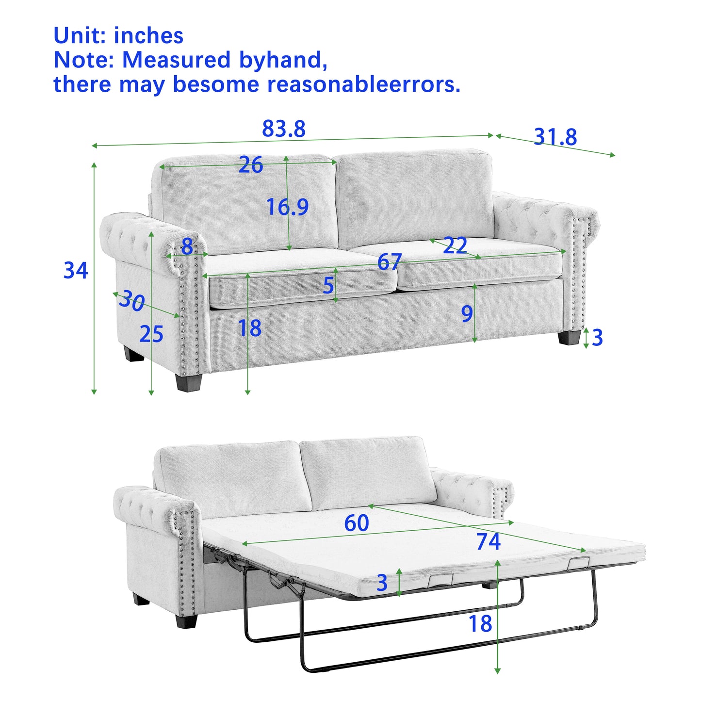 FX 83.8" Convertible Sleeper Sofa Bed, 2-in-1 Pullout Sofa Bed, Polyester Sleeper Sofa Bed with Folding Mattress, Living Room Pullout Sofa Bed, Apartment/Small Space Sofa Sleeper