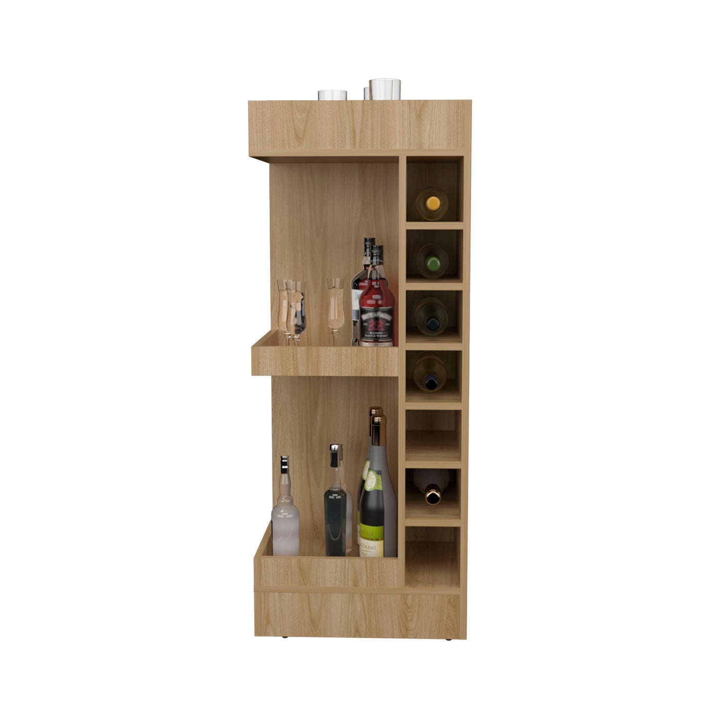 Lyman 46" Tall 3-Tier Corner Bar Cabinet with Fourteen Wine Bottle Cubbies, Living Room, Liquor Cabinet, Storage Cabinet Light Oak