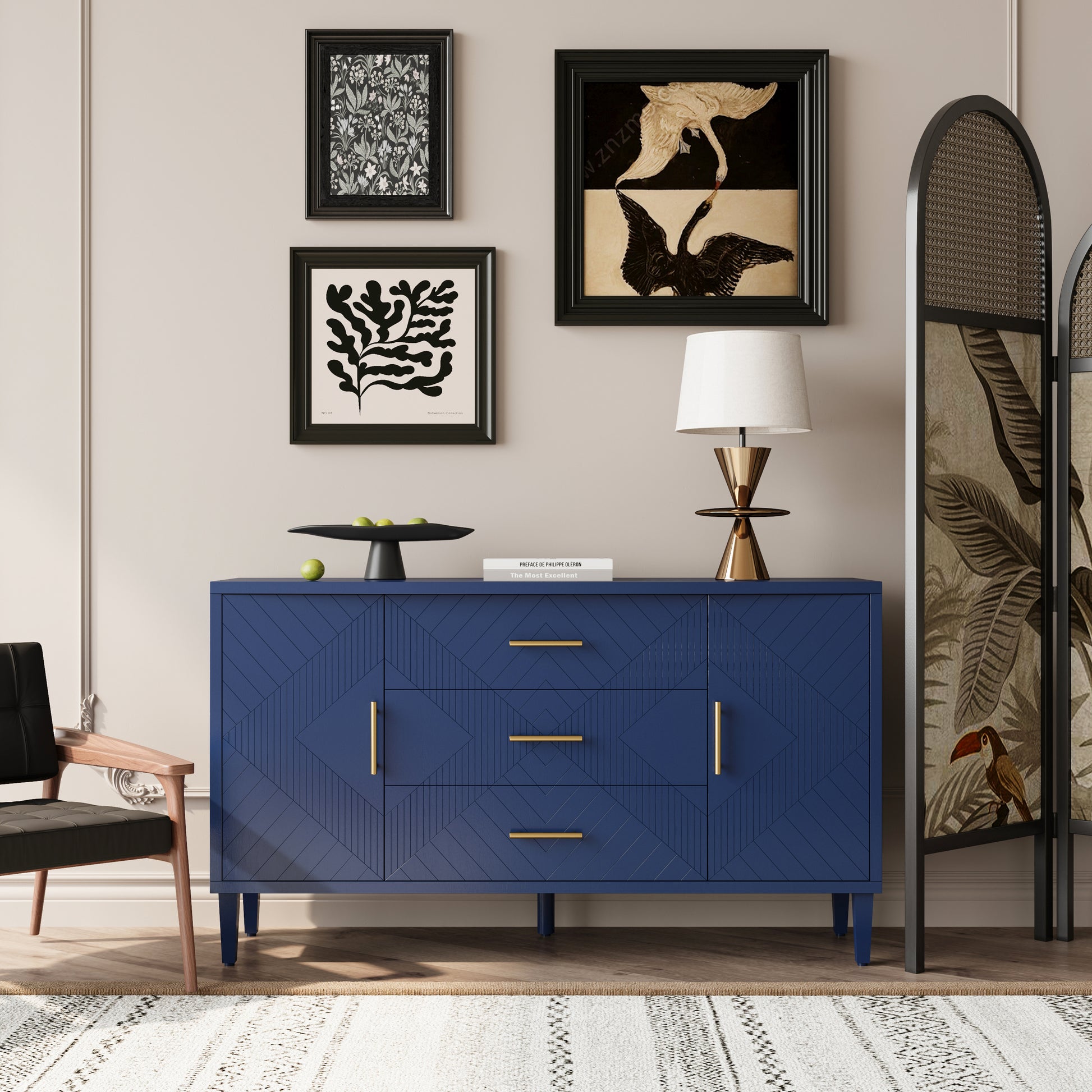 Stylish and Functional 2-Door 3-Drawer Cabinet with Carved Effect, for Bedroom,Living Room,Office,Easy Assembly, Navy Blue