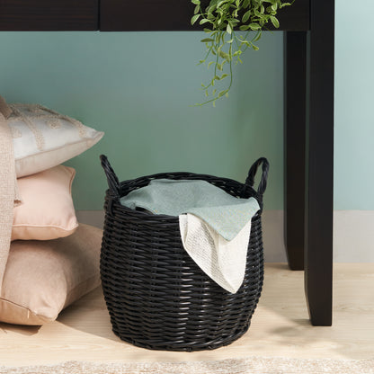 Lucius Round Resin Woven Wicker Basket with Handles - 13" x 13" x 13" - Black - For Clothes, Towels, Toys, Magazines Storage and Home Decoration