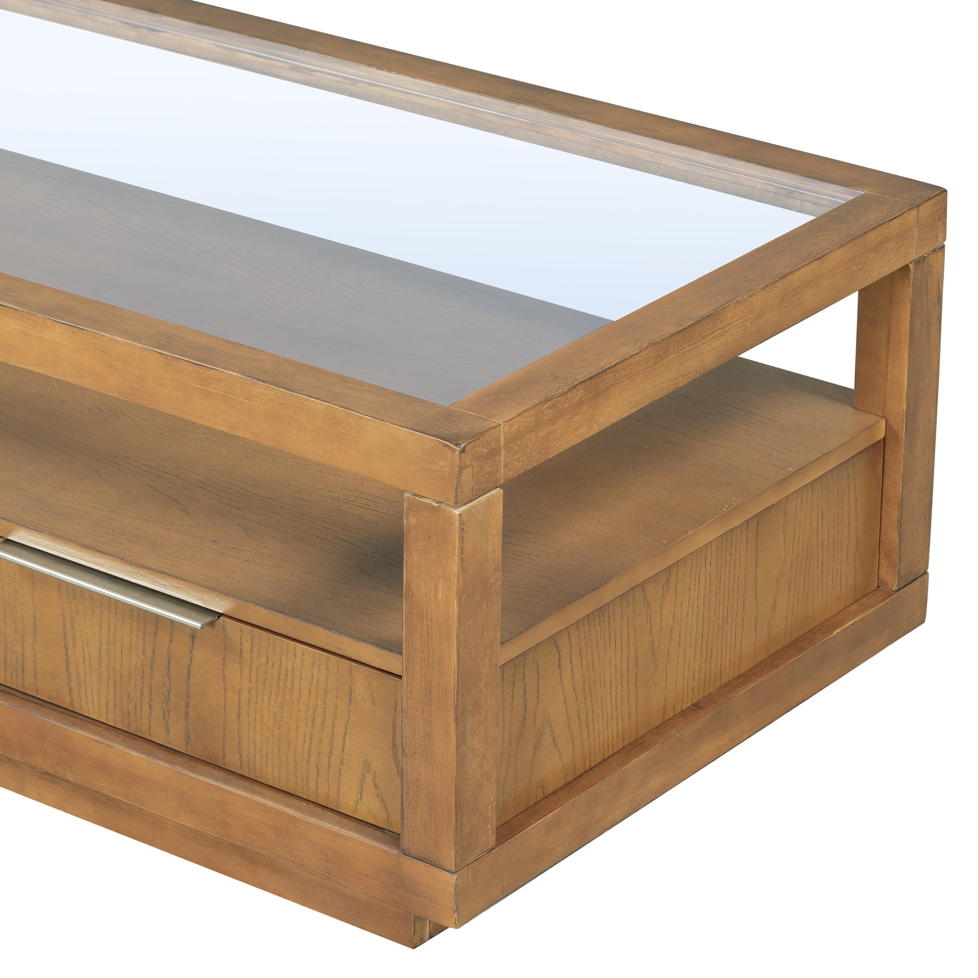 U-Can Modern Wood Coffee Table with 2 Drawers ,Minimalist Display Coffee Table with Transparent Tempered Glass, Open Storage Shelf for Living Room