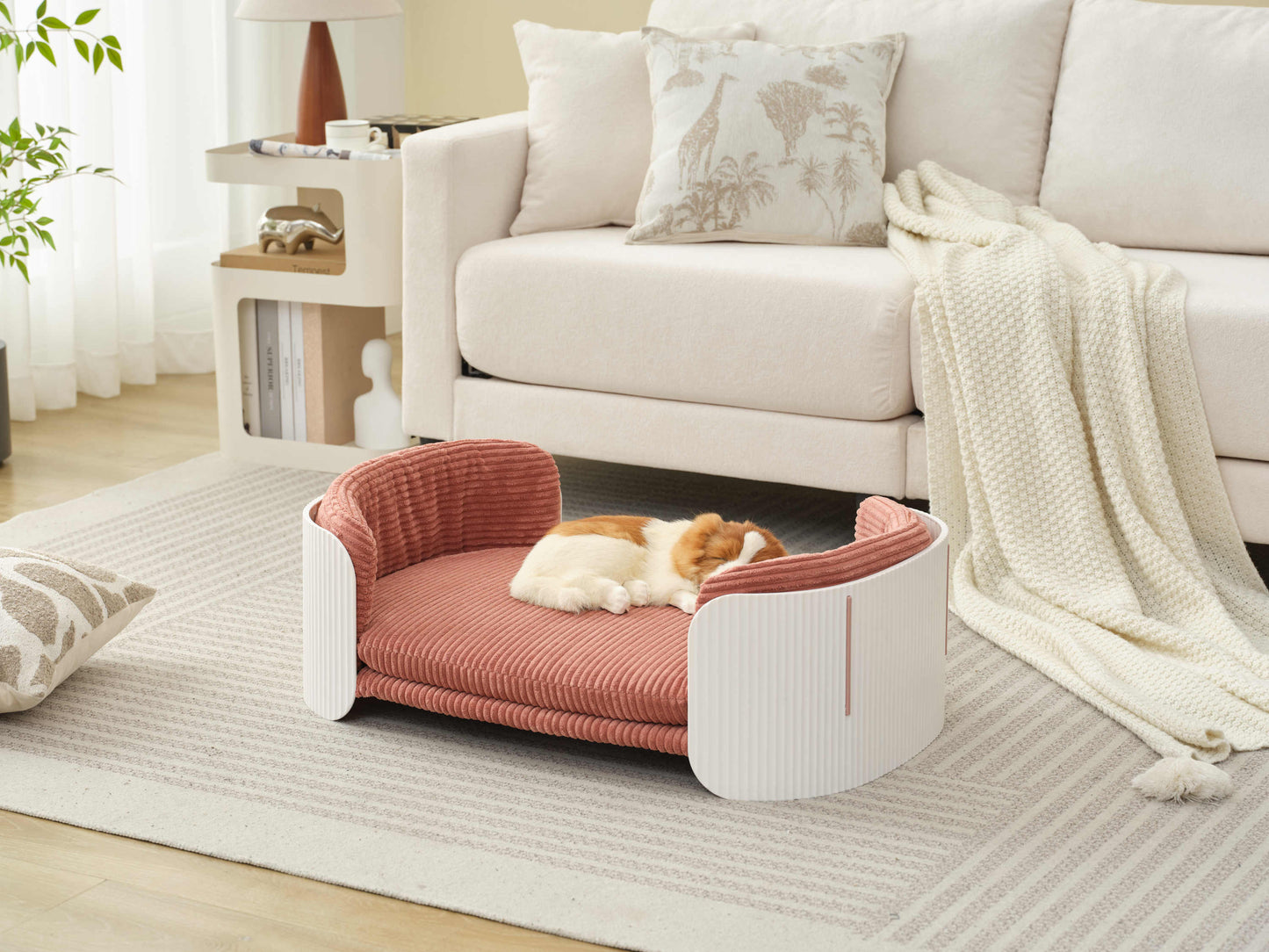 Scandinavian style Cat Couch Bed, Pet Sofa for Indoor Cats PP Indoor Pet Furniture Elevated Cat Beds with Removable Mattress Cover Suitable for Kitty, Puppy or Small Animal  Brand Design  White Pink