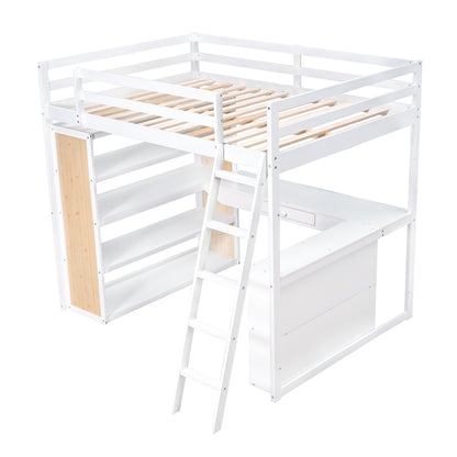 Full Size Loft Bed with Ladder, Shelves, and Desk, White(OLD SKU:LT000226AAK)