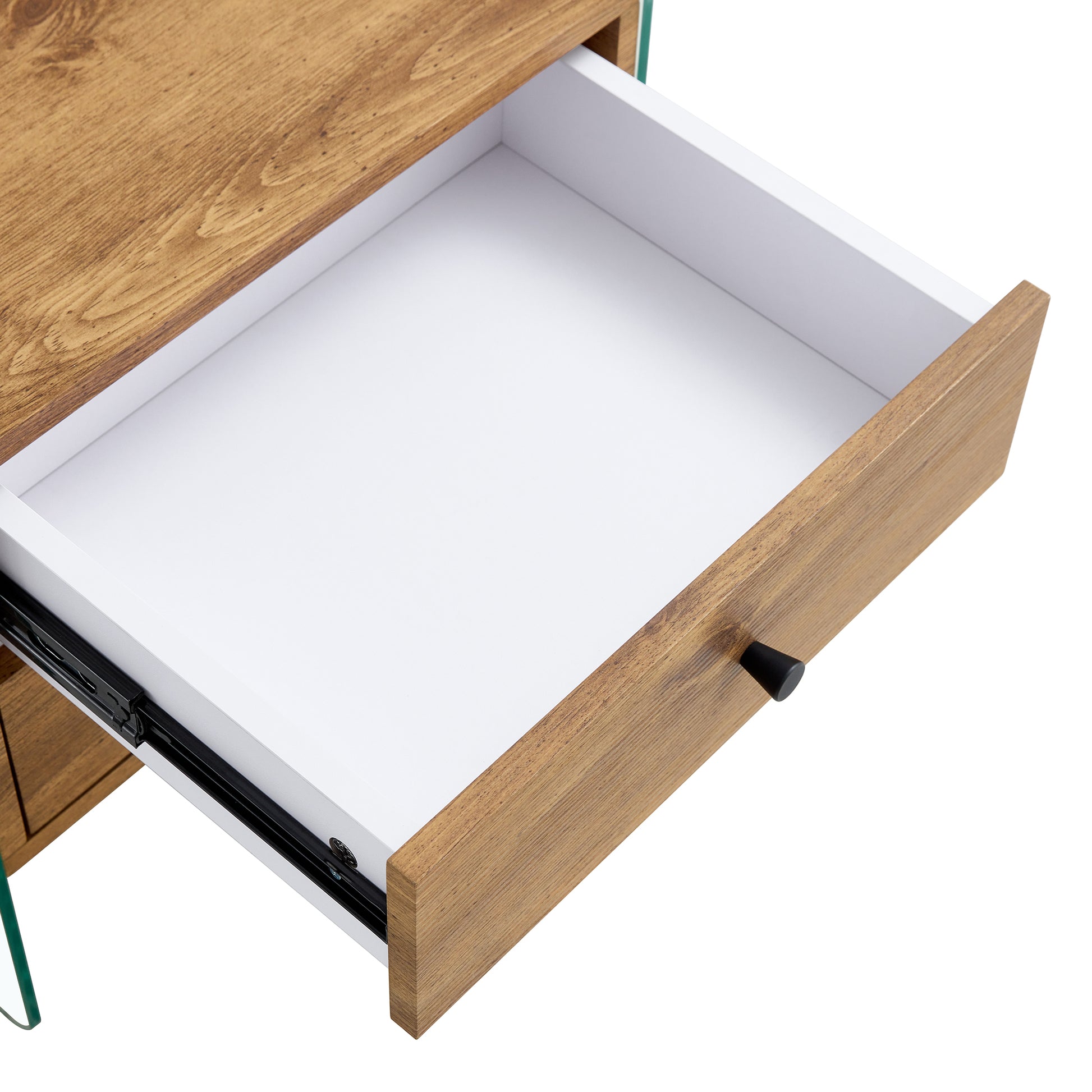 Double-drawer bedside table. The board surface is MDF sticker, and both sides are transparent tempered glass. The design is simple and elegant, with excellent storage functions.