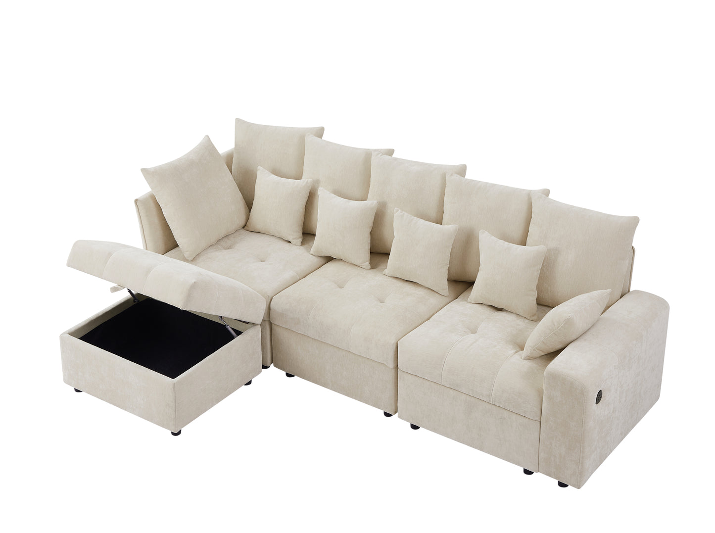 96.45"Sectional sofa Modular Sofa Couch with Three USB Ports, a Removable Storage Ottoman and Five Back Pillows for Living Room, Beige