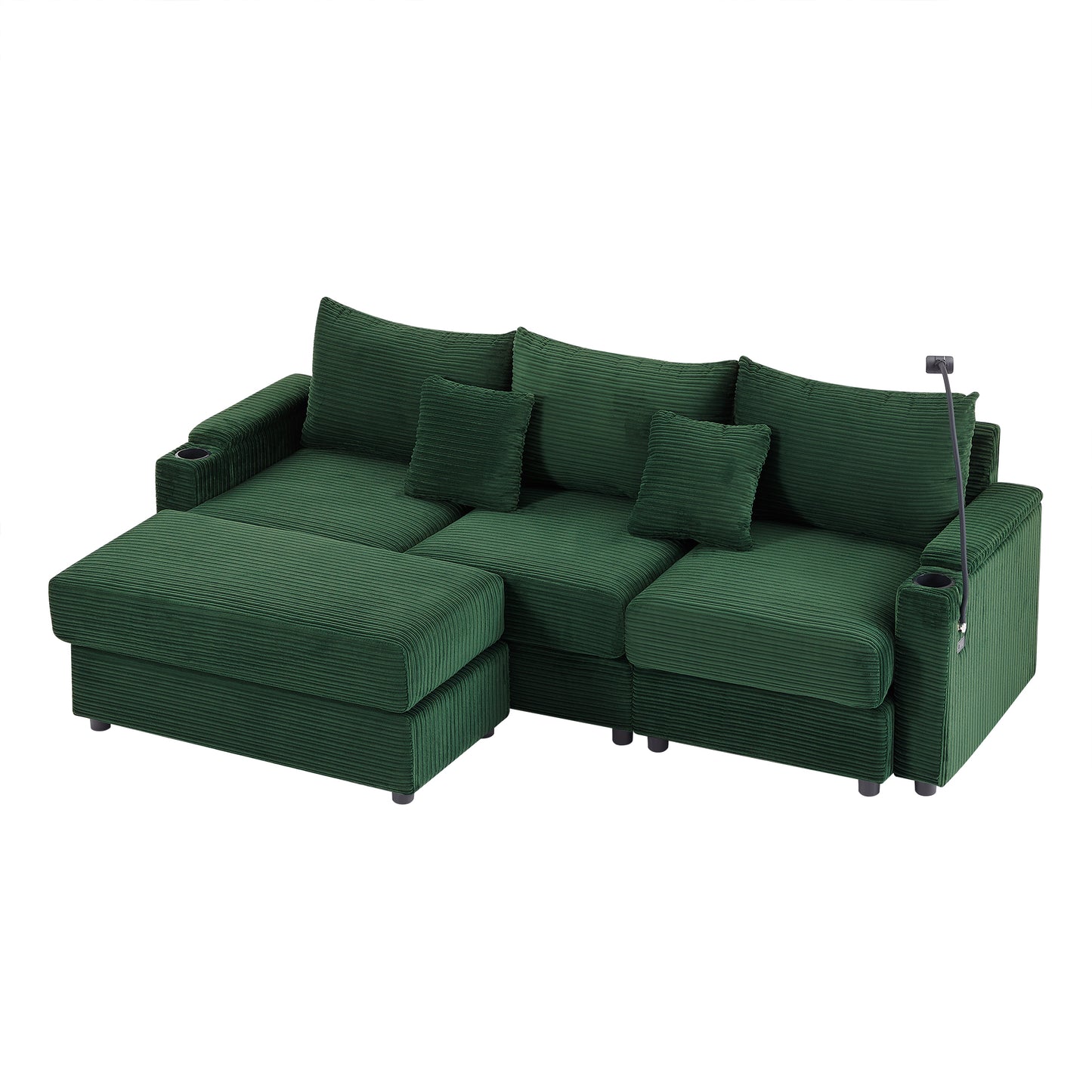 95.3" Modern Style 3-Seater Sofa Sectional Sofa Couch with Storage Space, A Movable Ottoman, Two USB Ports, Two Cup Holders, A Phone Holder for Living Room, Green