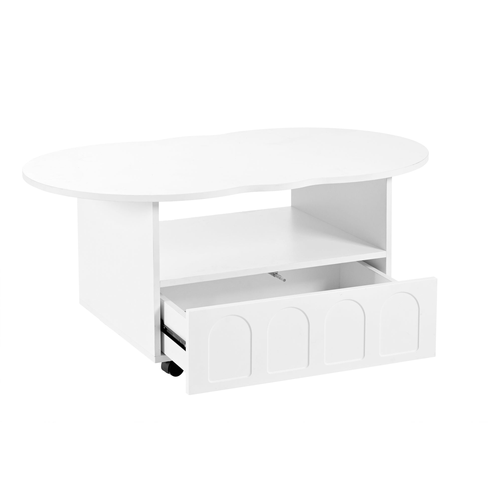 ON-TREND Flexible Cream Style Coffee Table with 2 Brake Wheels, Cloud Top Side Table with Drawer, Irregular Center Table with Large Storage for Living Room, White, 39.37''x 23.6''