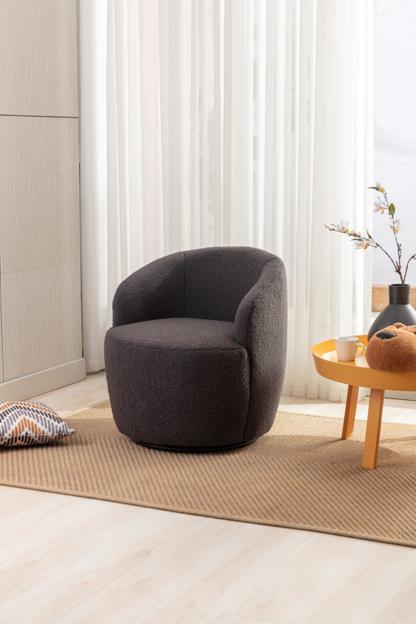 Teddy Fabric Swivel Accent Armchair Barrel Chair With Black Powder Coating Metal Ring,Dark Gray