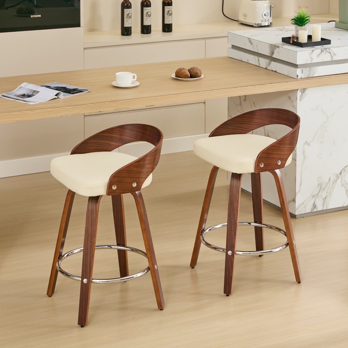 Bar Stools Set of 2, Swivel Bar Height Stools with Low Back, Wood Bar Chairs with Soft Cushion Seat, 25-Inch Seat Height (Beige, 25" Counter Height)