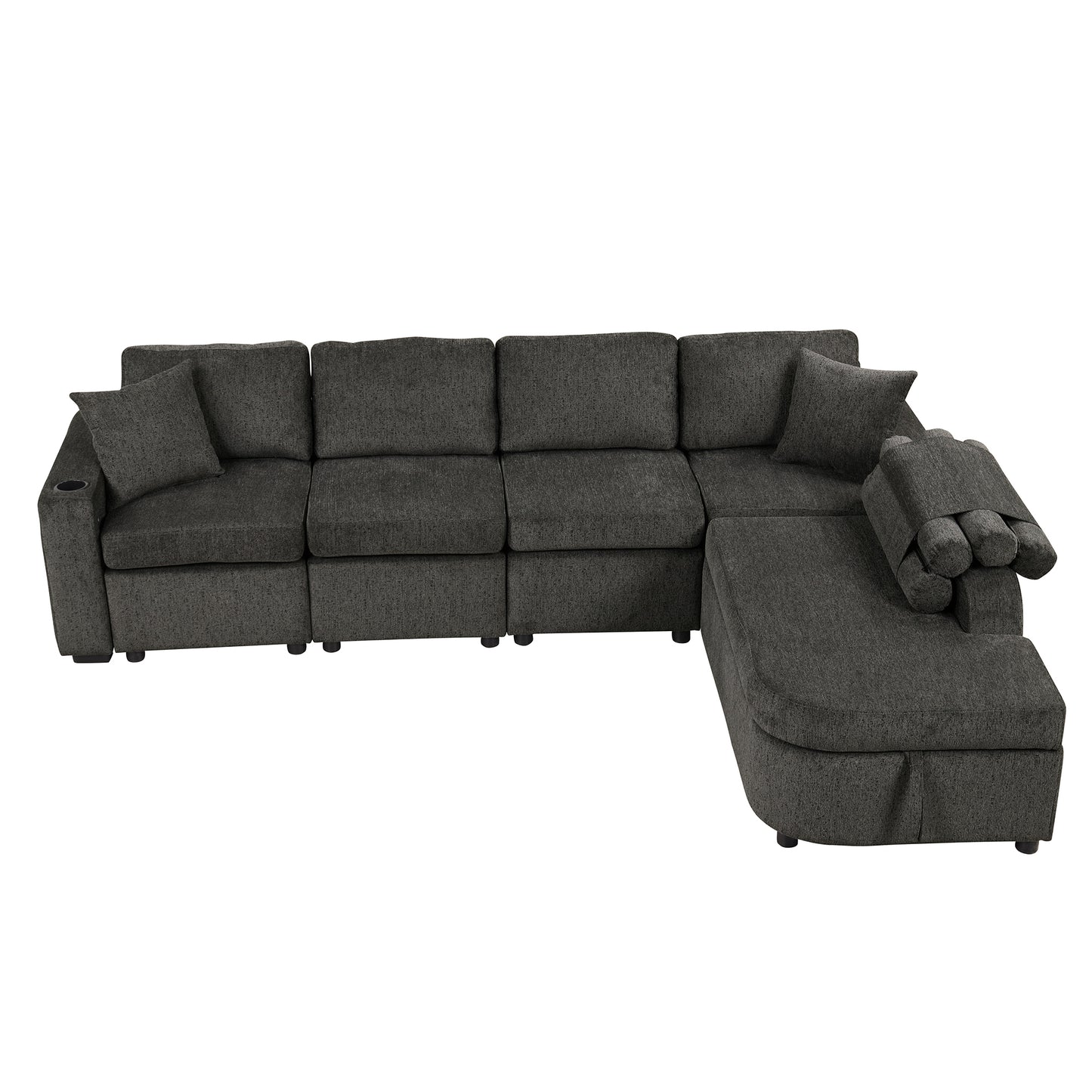 109.8"L-shaped Couch Sectional Sofa with Storage Chaise,Cup Holder and USB Ports for Living Room, Black