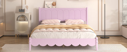 Queen Size Wood Platform Bed Frame, Retro Style  Bed with Rectangular Headboard,No Need Box Spring,Pink