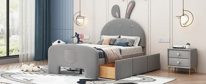 Twin Size Velvet Platform Bed with Rabbit-Shaped Headboard, with Drawers, with Bed-End Storage Pocket, Gray