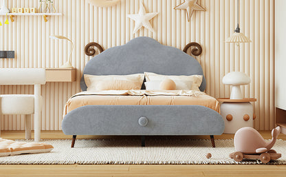 Full Size Upholstered Platform Bed with Sheep-Shaped Headboard, Gray