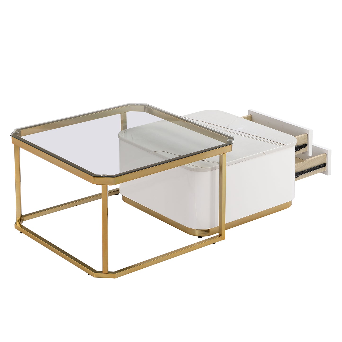 Modern 2 Pieces White  Square Nesting  Coffee Table with Drawers & Electroplated gold legs in 27.6''