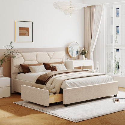 Queen Size Upholstered Platform Bed with Brick Pattern Headboard and 4 Drawers, Linen Fabric, Beige