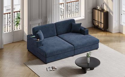 86.5" Oversized Loveseat Chaise Lounge Sectional Sofa Bed Corduroy Sleeper Sofa with Two USB Ports , Two Cup Holders and Two Throw Pillows for Living Room and Bedroom, Blue