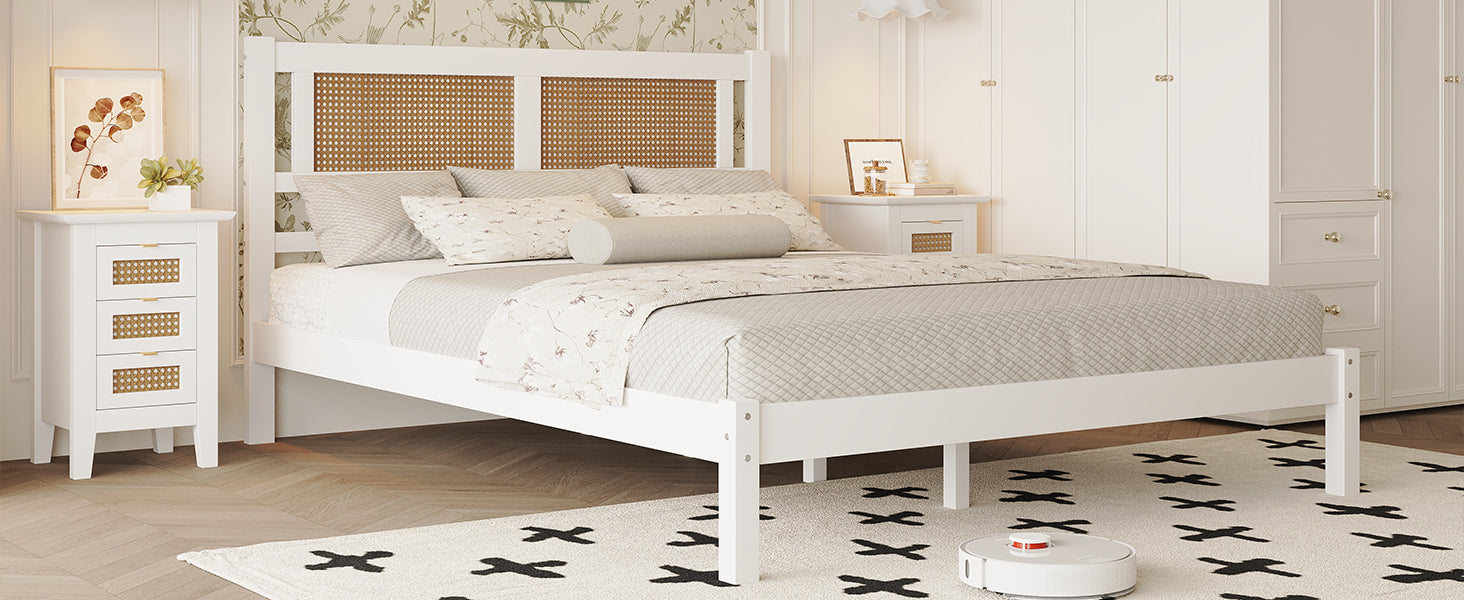 Queen Size Wood Platform Bed with Natural Rattan Headboard,Exquisite Elegance with Minimalist Charm for Bedroom,White