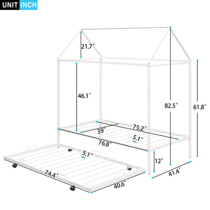 Twin Size Kids House Bed With Trundle, Metal House Bed White