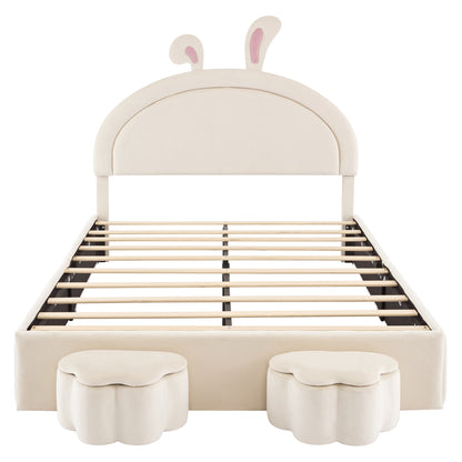 Full size Upholstered Rabbit-Shape Bed with 2 Storage Stools, Velvet Platform Bed with Cartoon Ears Shaped Headboard, White