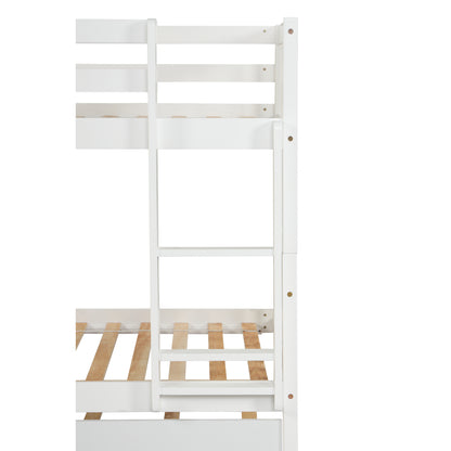 Twin Over Twin Bunk Beds with Trundle, Solid Wood Trundle Bed Frame with Safety Rail and Ladder, Kids/Teens Bedroom, Guest Room Furniture, Can Be converted into 2 Beds, White (Old Sku:W504S00028)