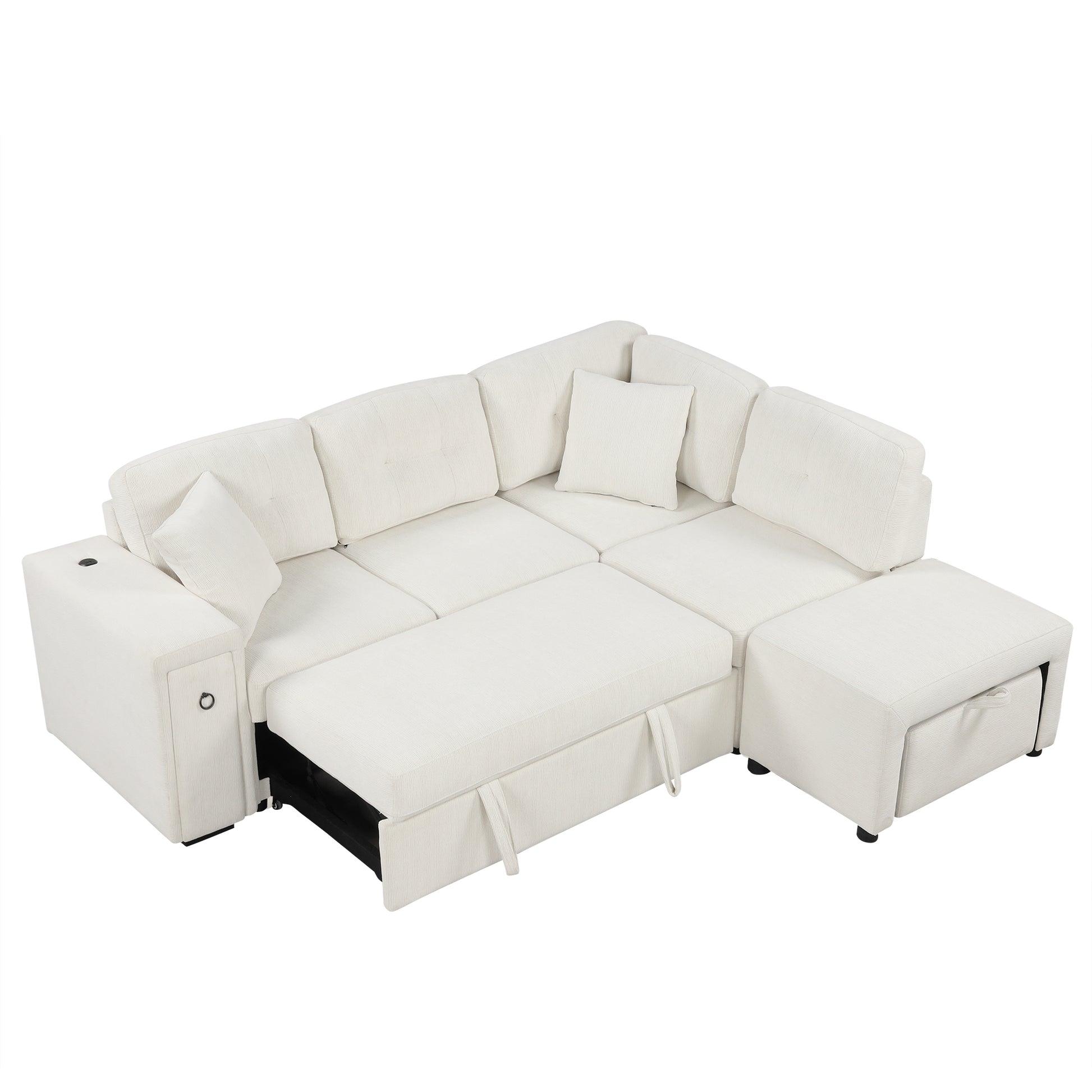 86.6" Sectional Sofa L-shaped Sofa Couch Pull-out Sofa Bed with a Movable Ottoman, Two USB Ports  and Two Cup Holders for Living Room, Beige