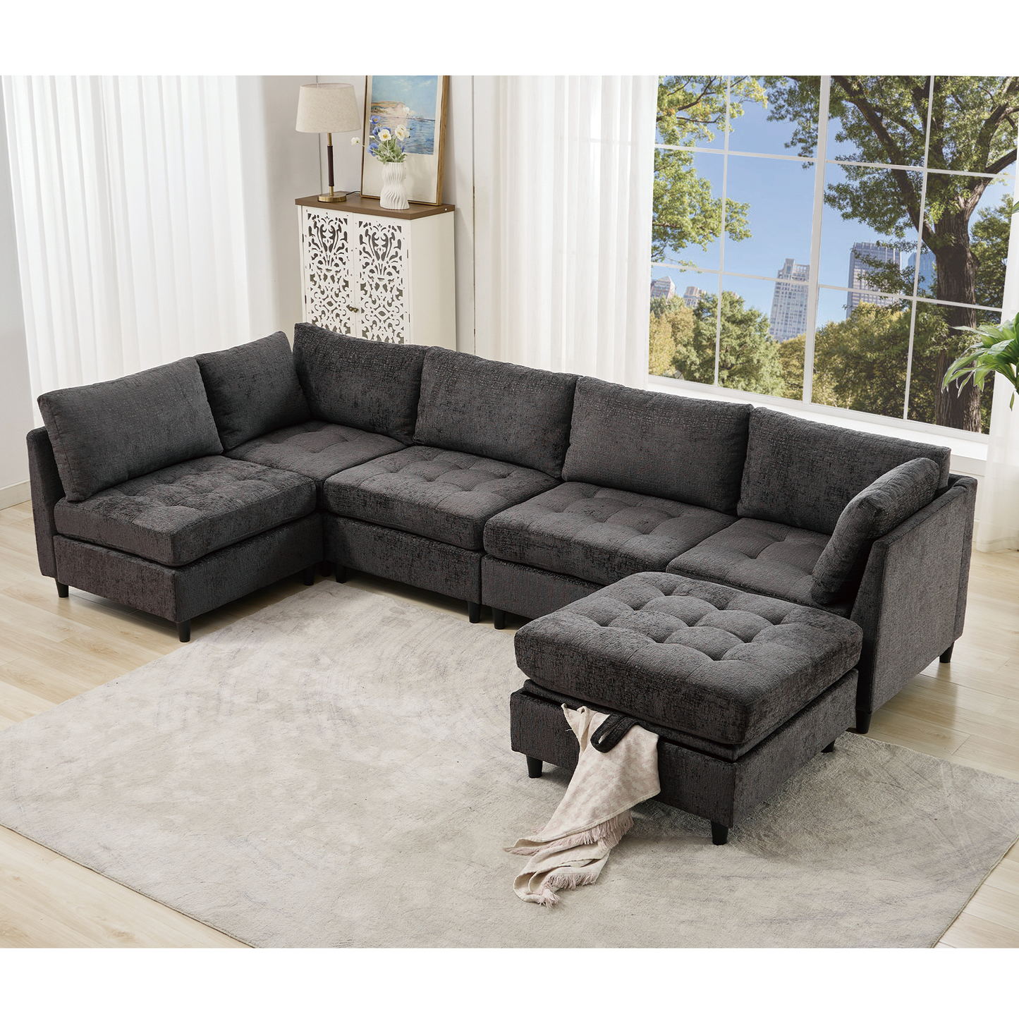 [NEW ARRIVED] [VIDEO PROVIDED]   Modular Sectional Couch with Storage Ottoman, U Shaped Sofa, Storage Ottoman,Minimalist ,Convertible Modular Sofa,Chenille ,Upholstered,6 Seat,Living Room,  Dark  Gray