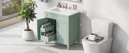 30" Bathroom Vanity with Sink, Multi-functional Bathroom Cabinet with Doors and Drawers, Solid Frame and MDF Board, Green