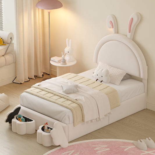 Twin size Upholstered Rabbit-Shape Bed with 2 Storage Stools, Velvet Platform Bed with Cartoon Ears Shaped Headboard, White