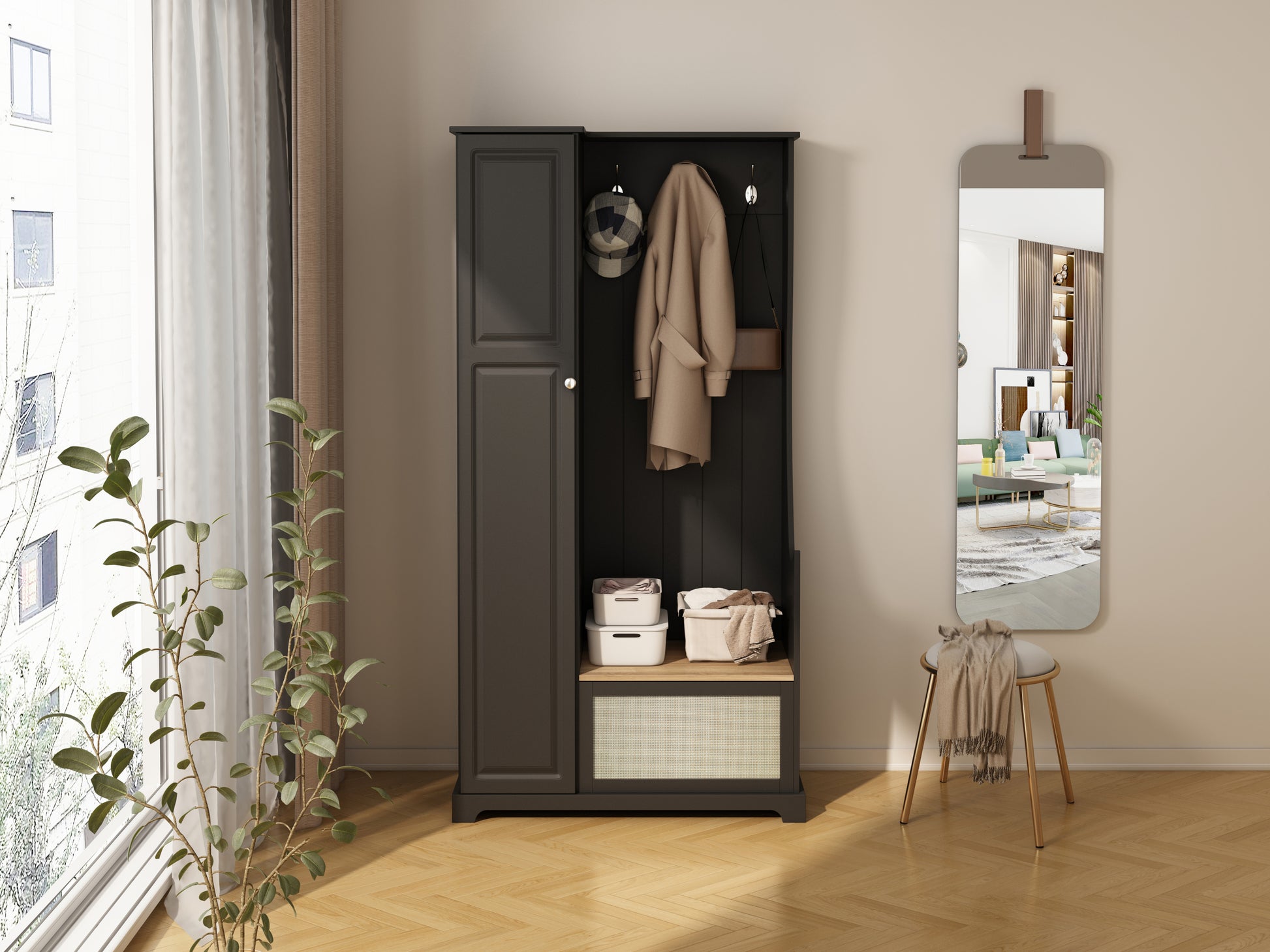 Hall Tree with Bench, Storage Cabinet, Suitable for Living Room, Entryway, Bedroom