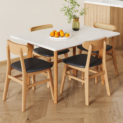 Table and chair set. White sintered stone tabletop, rubberwood legs, foldable computer desk, foldable desk. Solid wood dining chair with small curved backrest and PU cushions. ZD-1545 DX-2361