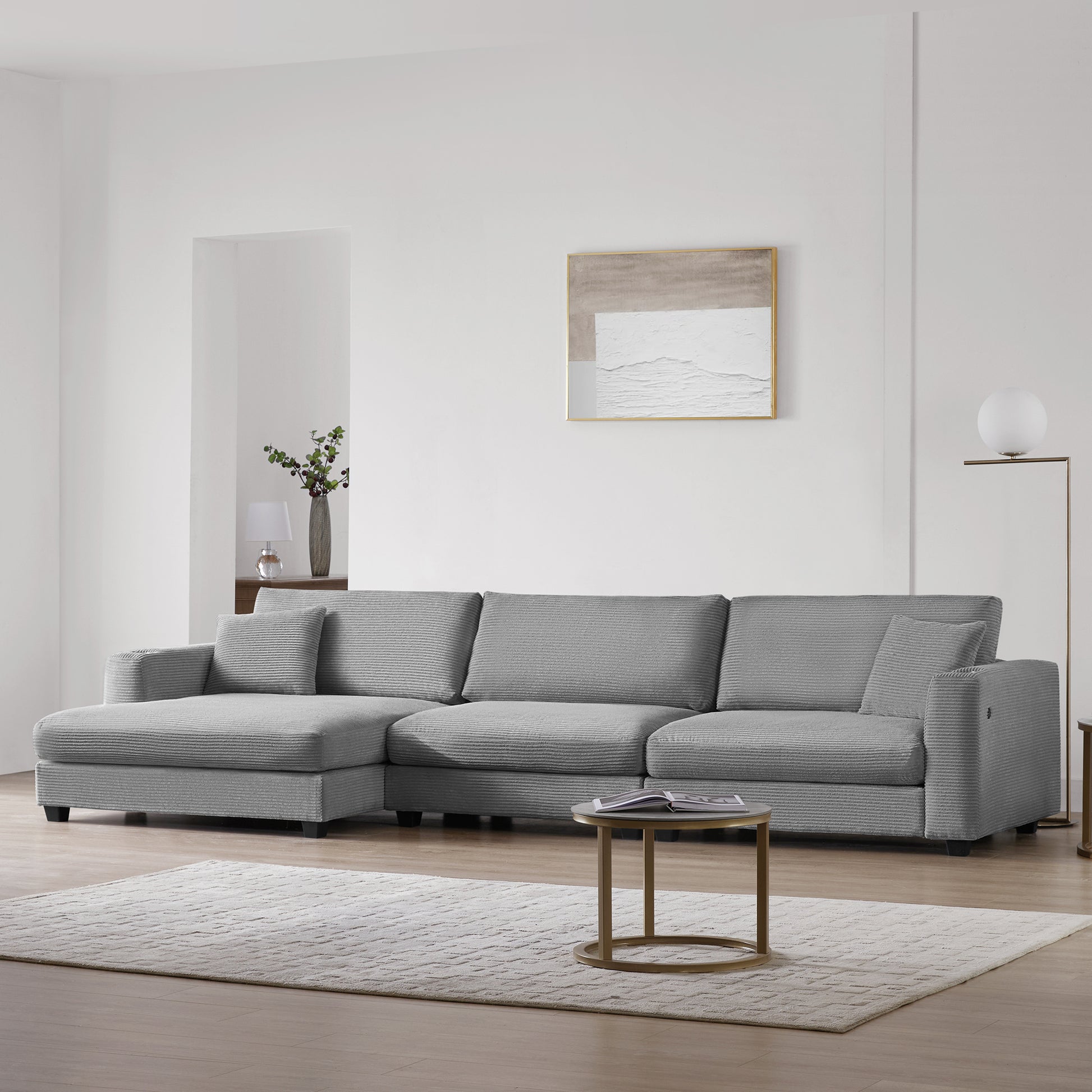 [VIDEO provided][New]134*54"Oversized Corduroy Sectional Sofa,L Shaped Cloud Couch with USB Charging Port,Cup Holder,Deep Seat Sofa Bed with 50" Chaise,Comfy Indoor Furniture for Living Room,3 Colors