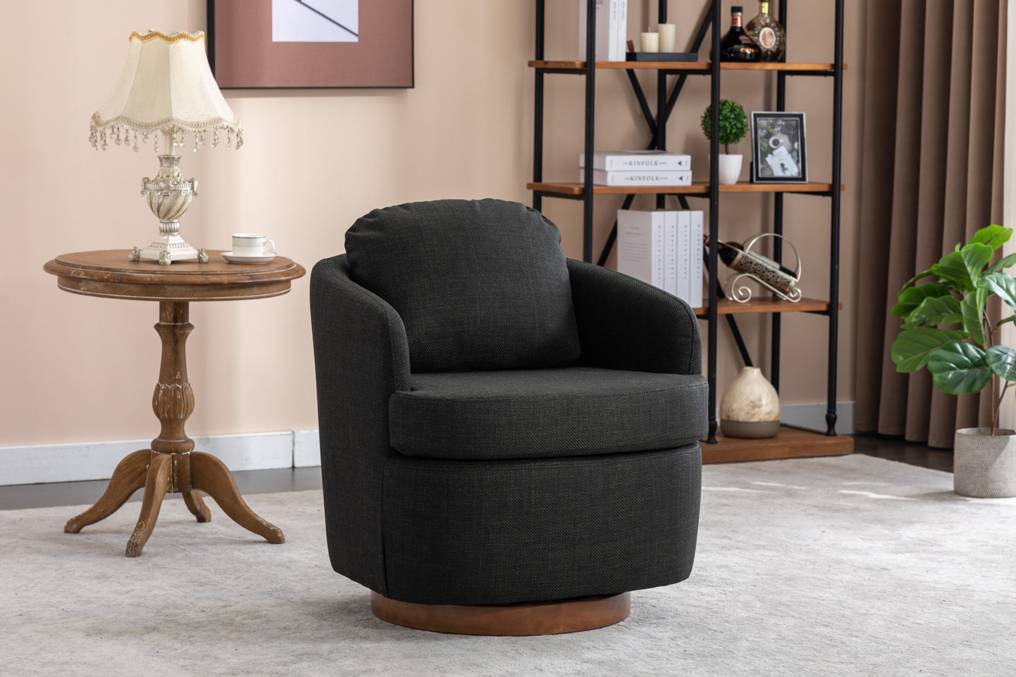 035-Linen Fabric Swivel Accent Chair With Soild Wood Round Brown Base Leg,Dark Gray