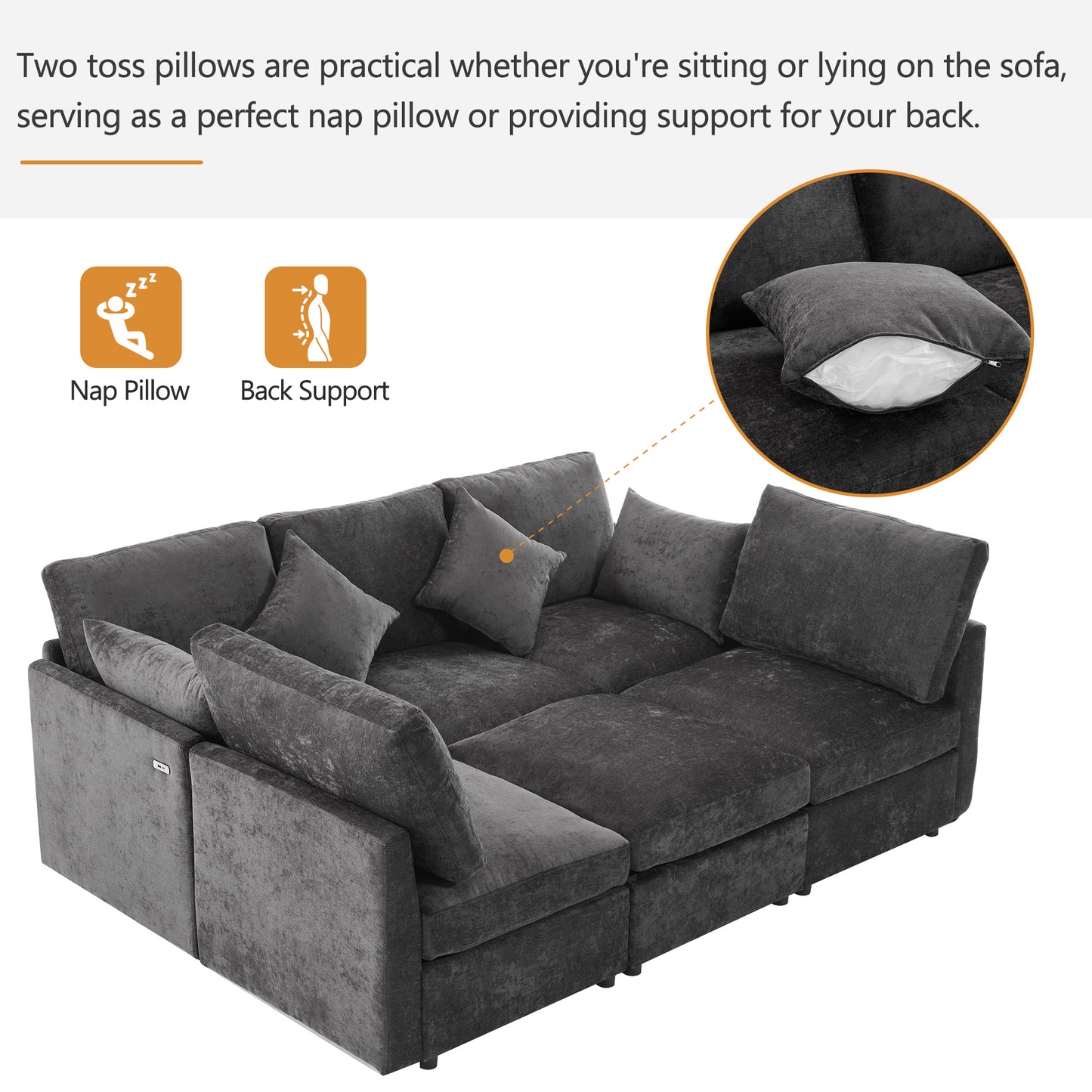 85.4" Sectional Sofa Modular Sofa U-shaped Sofa Couch Sofa Bed L-shaped Sofa with a Movable Ottoman and Two USB Ports for Living Room, Black