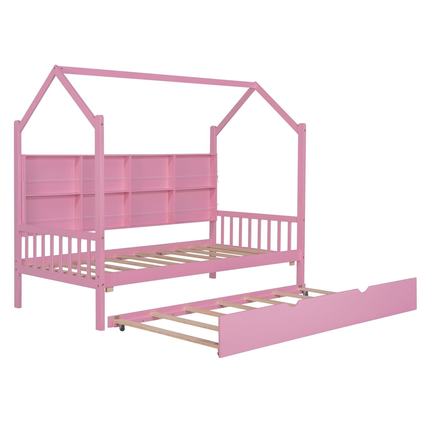Wooden Twin Size House Bed with Trundle,Kids Bed with Shelf,Pink