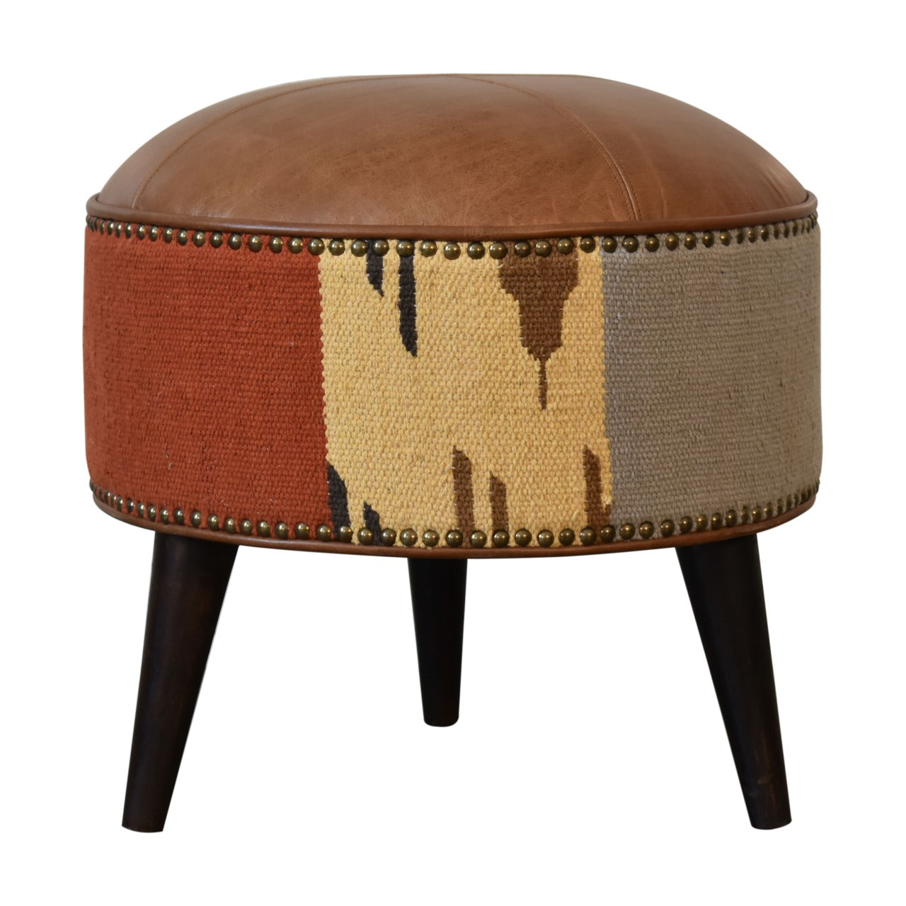 Durrie & Leather Mixed Footstool