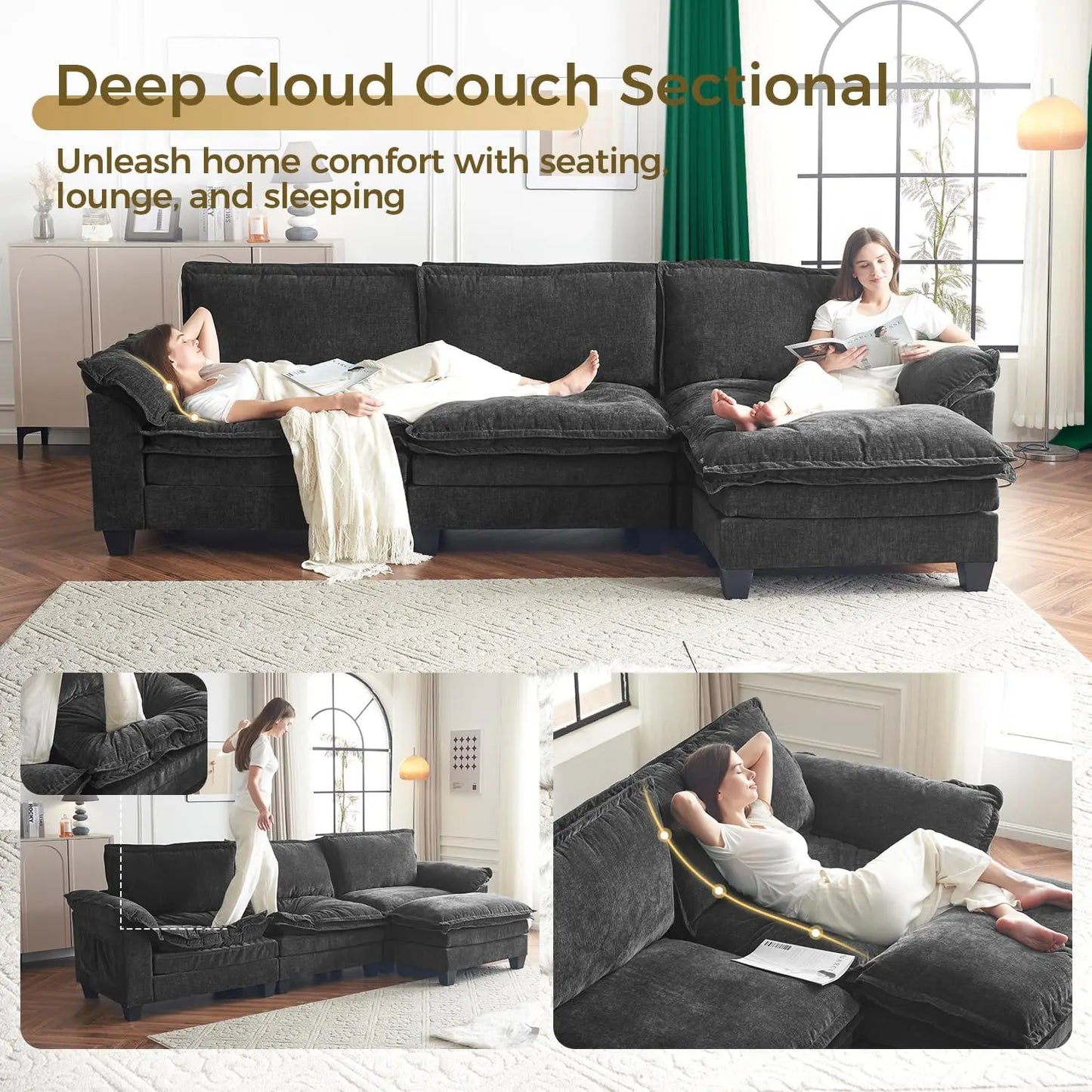 Modular Cloud Couch Sectional Sofa 123",  Deep 3-Seat L Shaped Sofas, Oversized Cloud Sectionals with Movable Ottoman, High Back