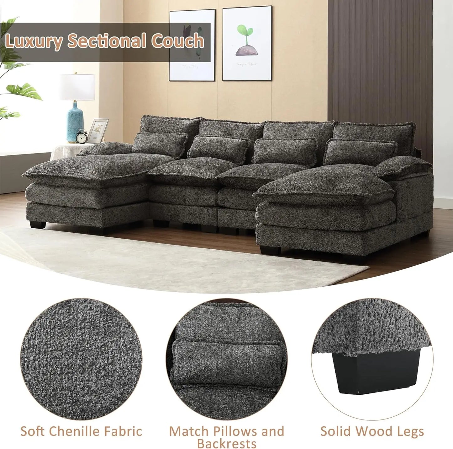 Deep Seat Sectional Sofa Cloud Couch for Living Room, Modern Chenille U Shaped Couch, Comfy Modular Sofa Sleeper with Double Chaise