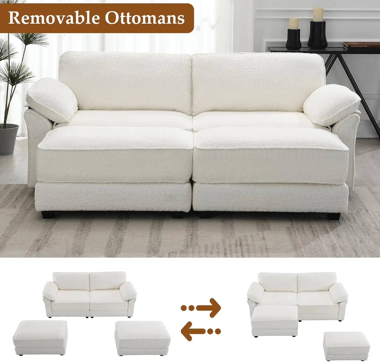 Love Seat Sleeper Sofa, 81" Deep Seat White Cloud Couch Convertible Sofa Bed, Modern Oversized Chair with Ottoman Small Couch