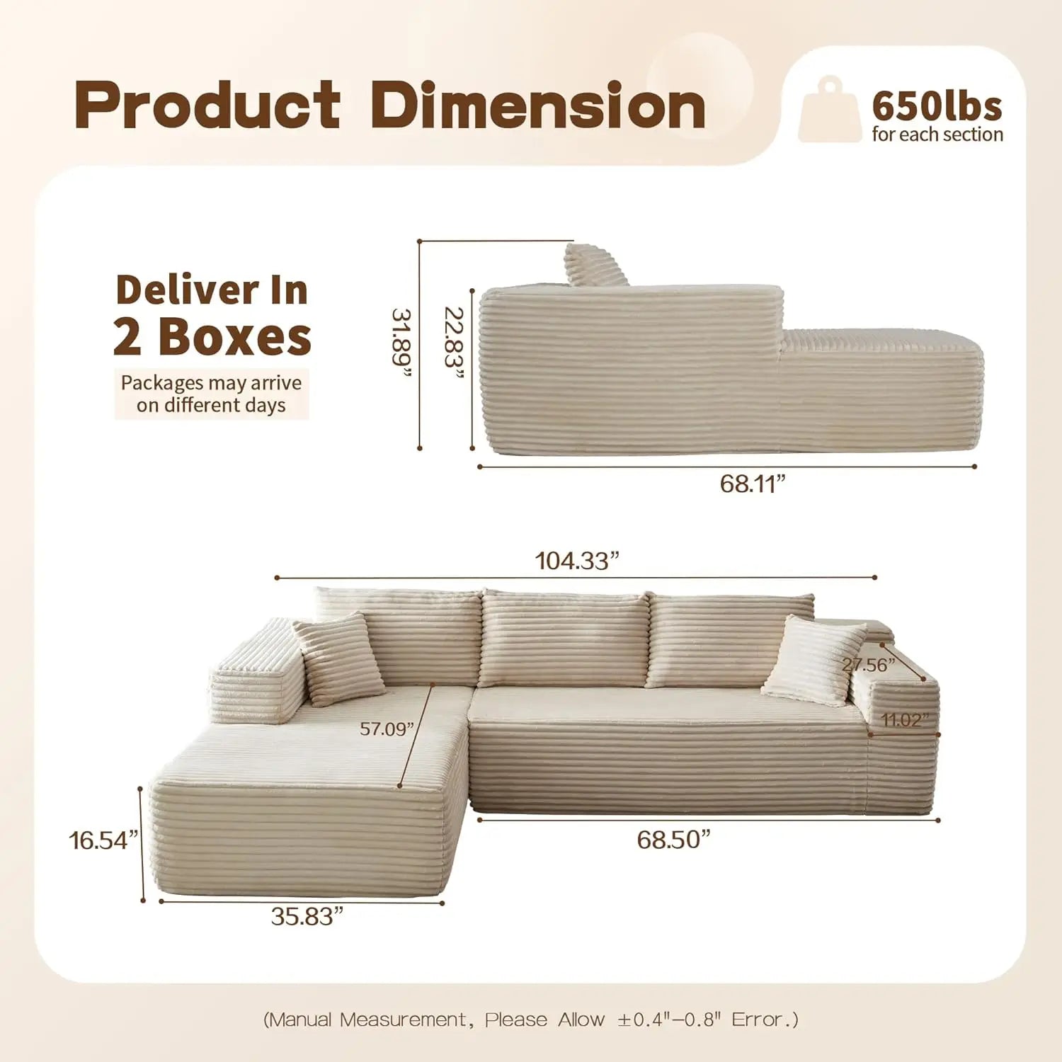 Modular Sectional Sofa, L-Shape Cloud Sofa, Free Combination Deep Seat Corner Couch, Contemporary Living Room