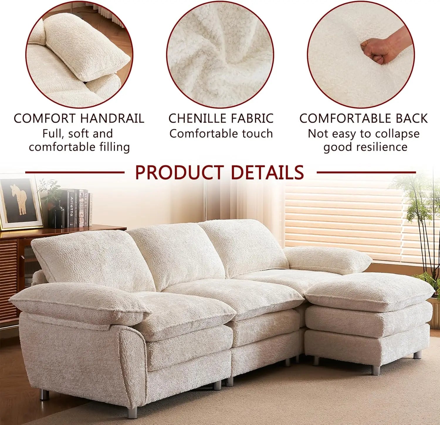 Modular Sectional Sofa, Chenille Cloud Sofa, Modern Cloud Sofa with Ottoman for Living Room