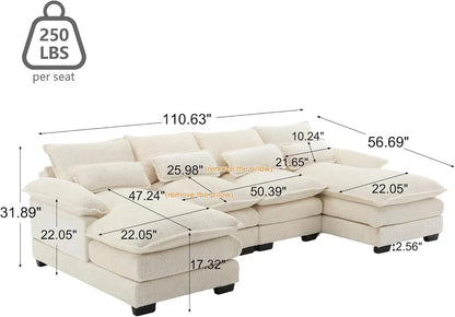 Deep Seat Sectional Sofa Cloud Couch for Living Room, Modern Chenille U Shaped Couch, Comfy Modular Sofa Sleeper with Double Chaise