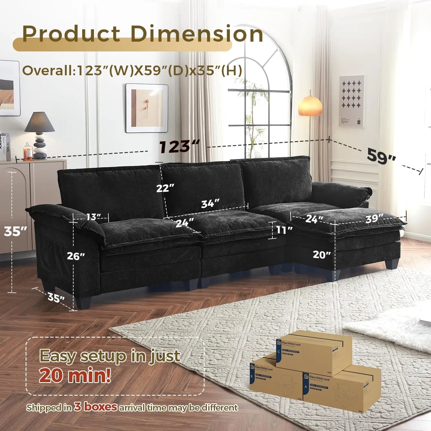 Modular Cloud Couch Sectional Sofa 123",  Deep 3-Seat L Shaped Sofas, Oversized Cloud Sectionals with Movable Ottoman, High Back