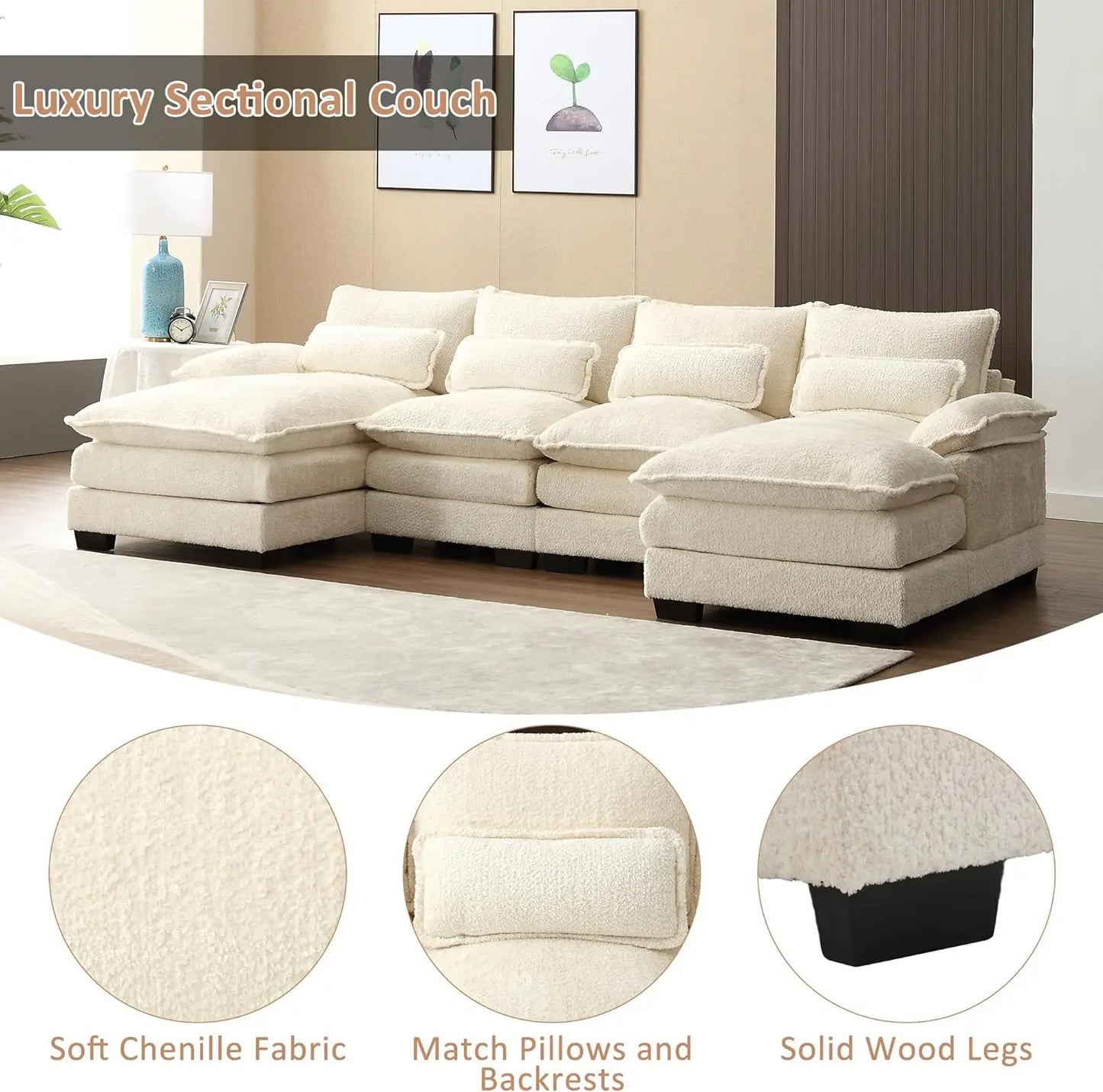 Deep Seat Sectional Sofa Cloud Couch for Living Room, Modern Chenille U Shaped Couch, Comfy Modular Sofa Sleeper with Double Chaise